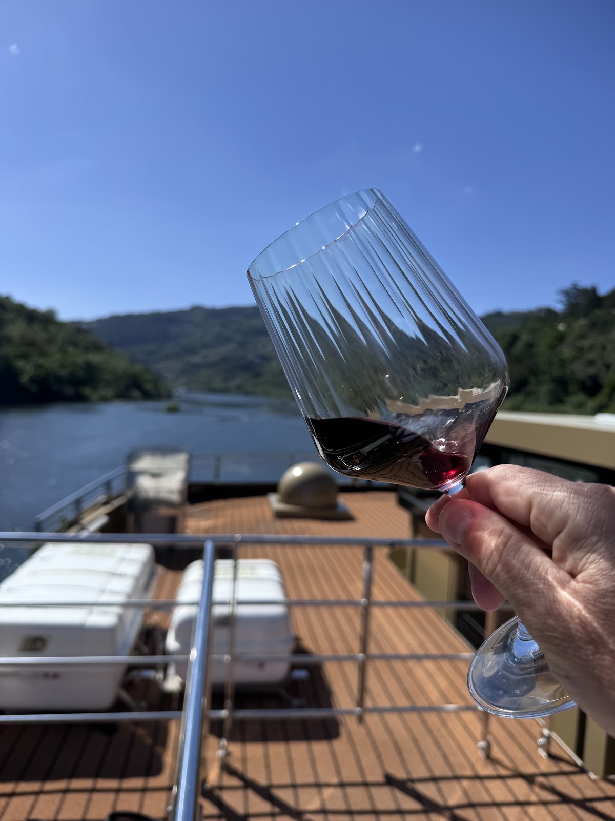 Glass of red wine against the Douro vineyards