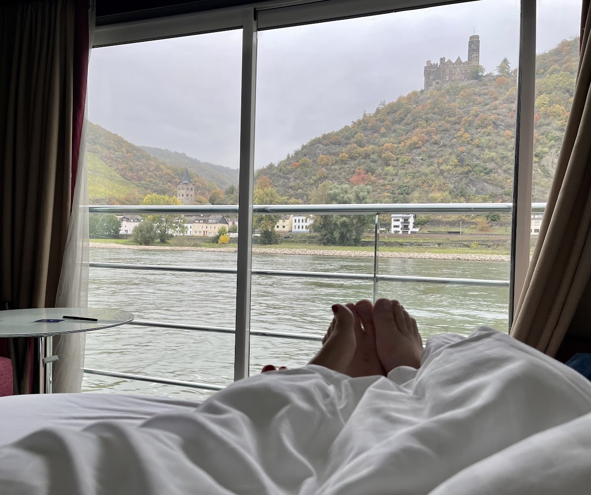Hilltop castle seen from a Rhine river cruise ship