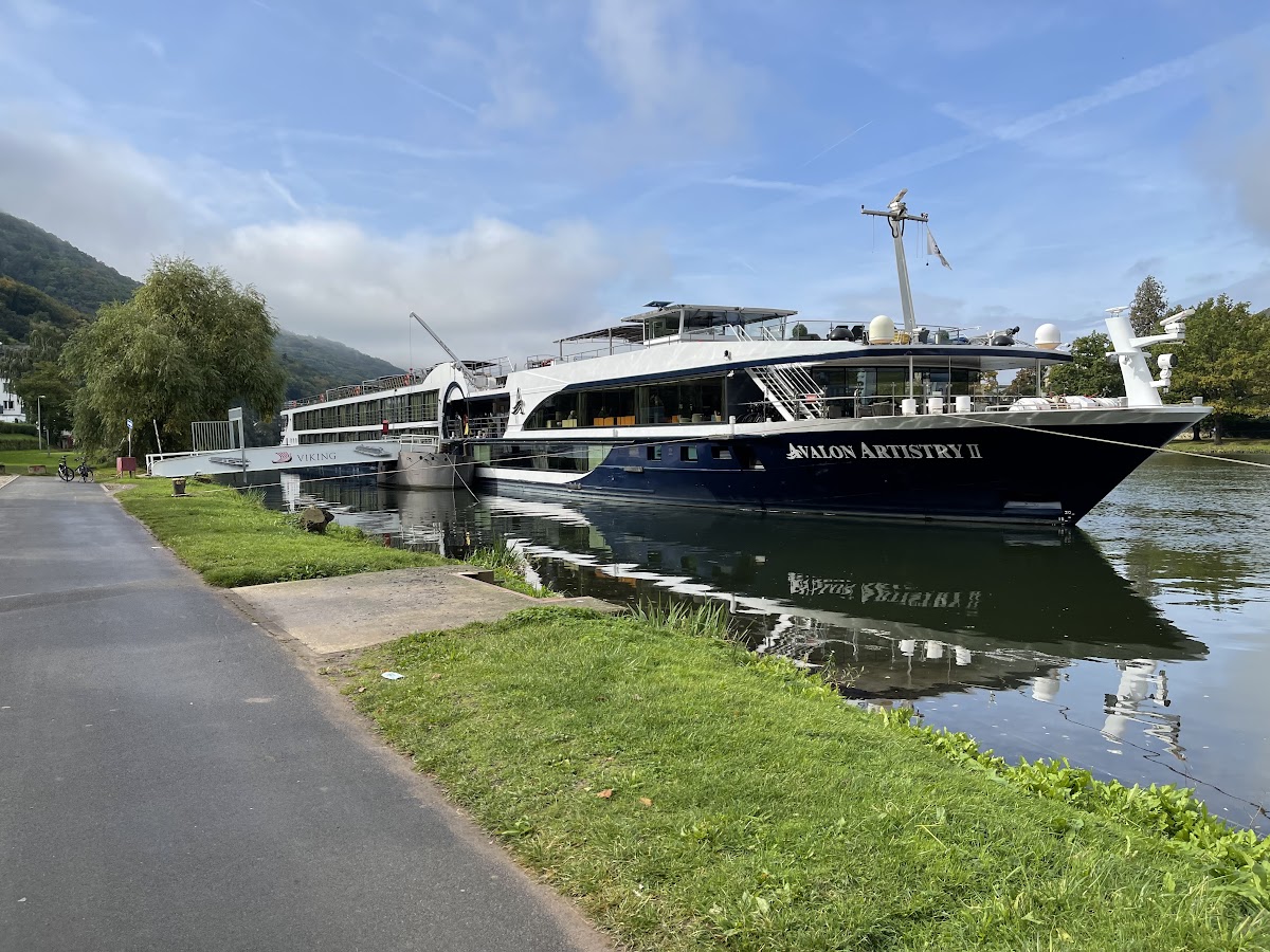River cruise ships docked below a castle on the Rhine