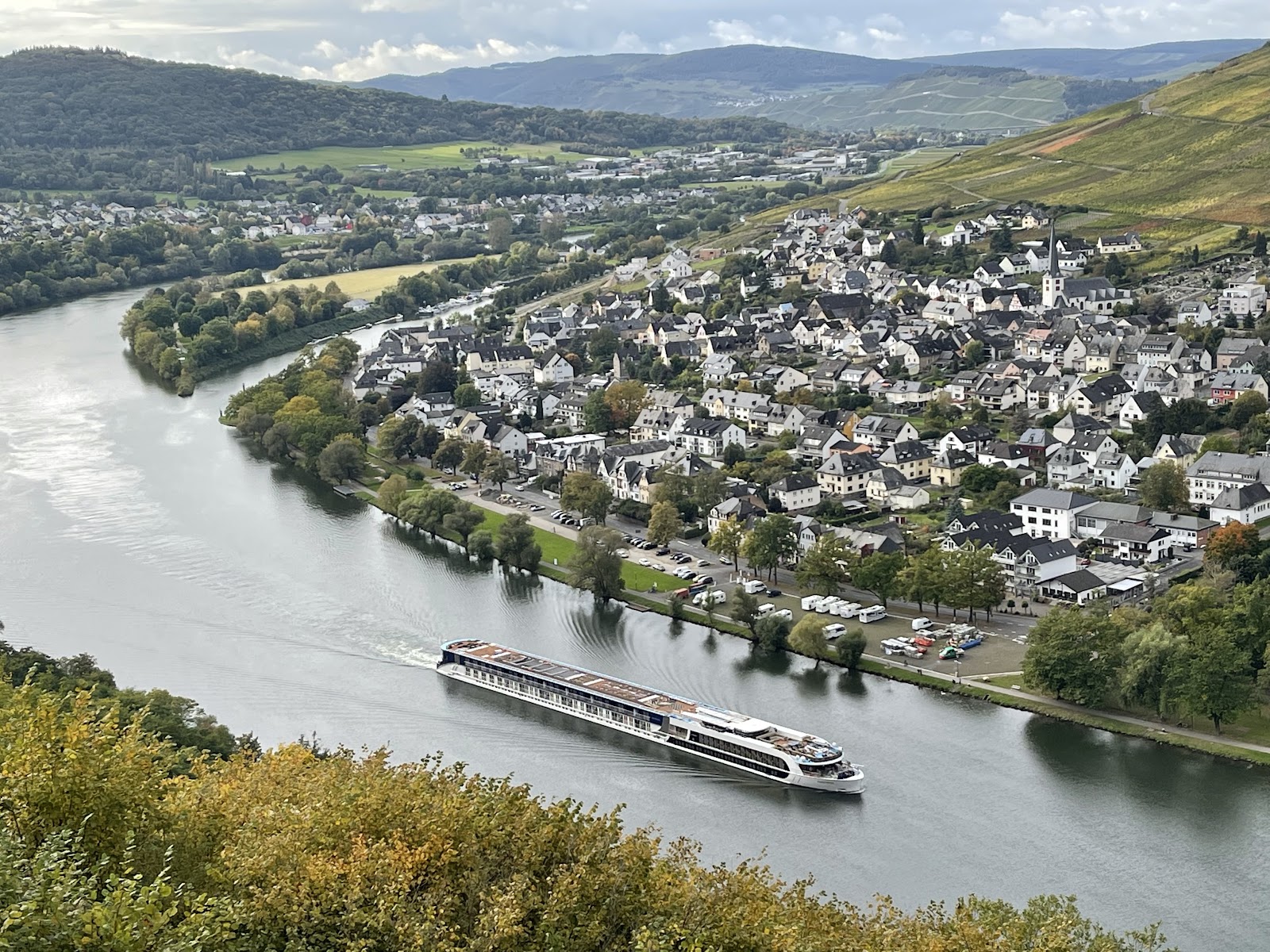 River cruise ship sailing past terraced vineyards on the Rhine